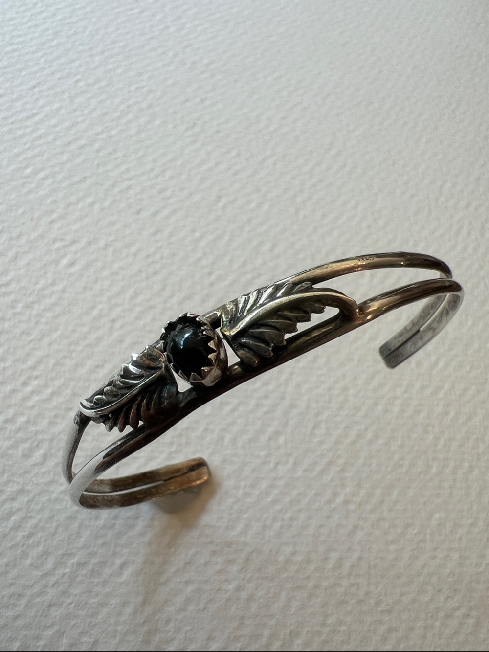 Native American Sterling Silver Leaf Cuff Bracelet with Black Stone